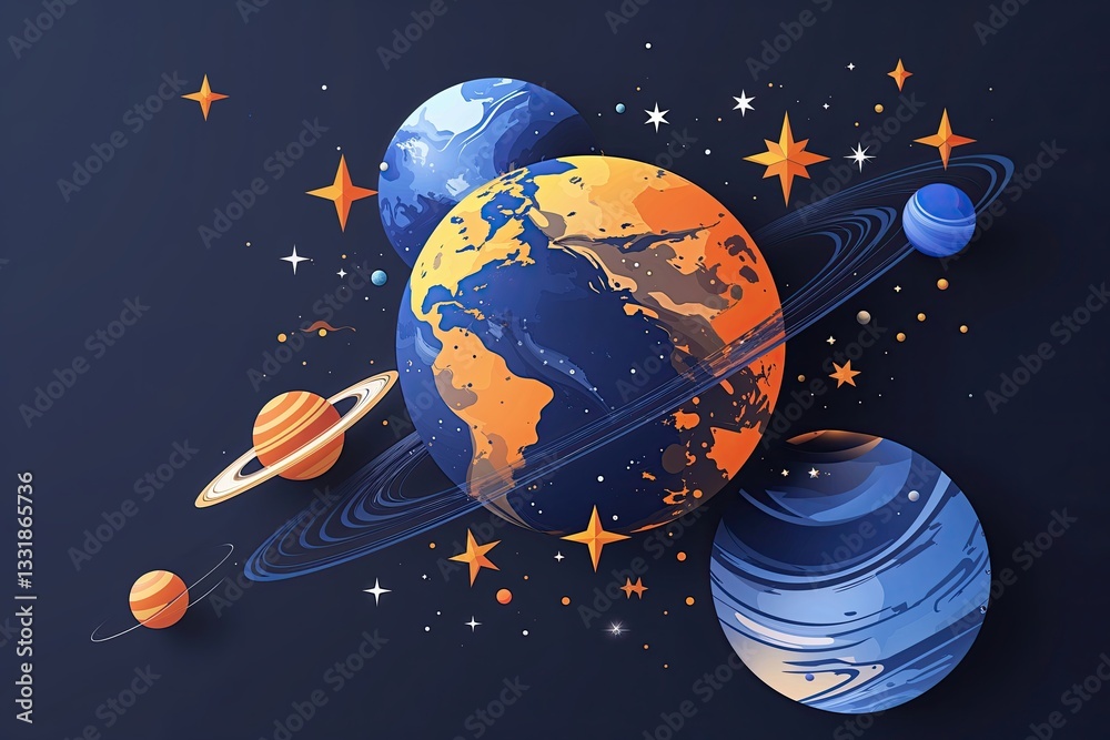 Naklejka premium Stunning Flat Celestial Artwork Featuring Eye-Catching Stars and Planets