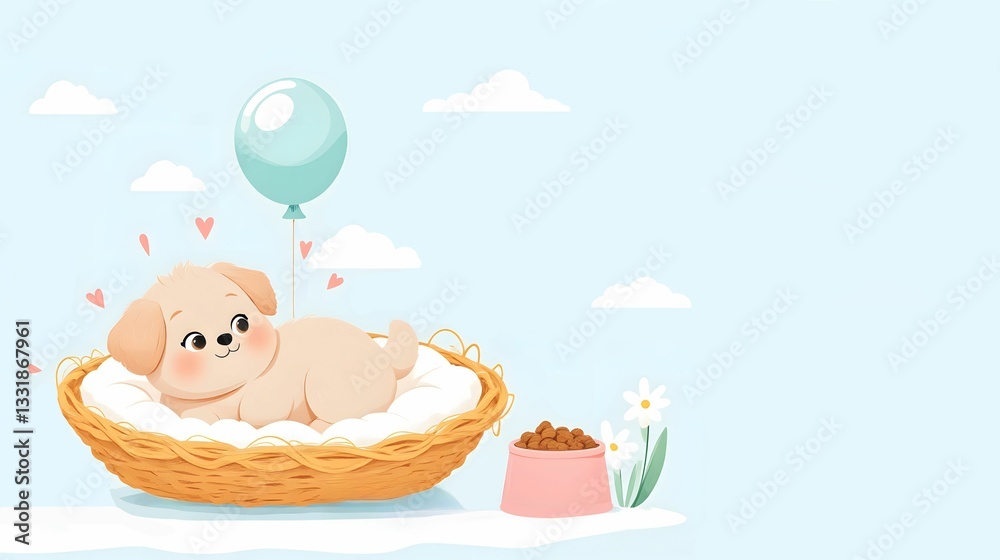 AI-generated cute cartoon puppy in a basket with a balloon and food bowl