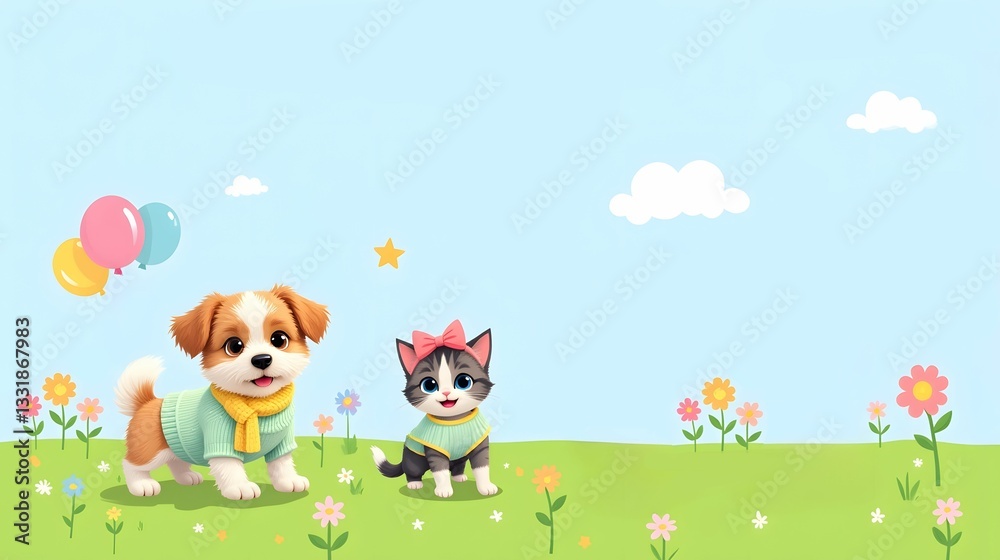 AI-generated cute cartoon puppy and kitten in a colorful meadow with balloons and flowers