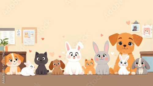 AI-generated cute illustration of various cartoon pets including dogs, cats and rabbits