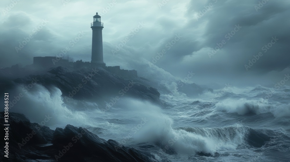 Dramatic lighthouse scene with stormy ocean waves crashing against rugged rocks under dark moody clouds creating a cinematic maritime atmosphere Dramatic lighthouse scene with stormy ocean waves crashing against rugged rocks under dark moody clouds creating a cinematic maritime atmosphere