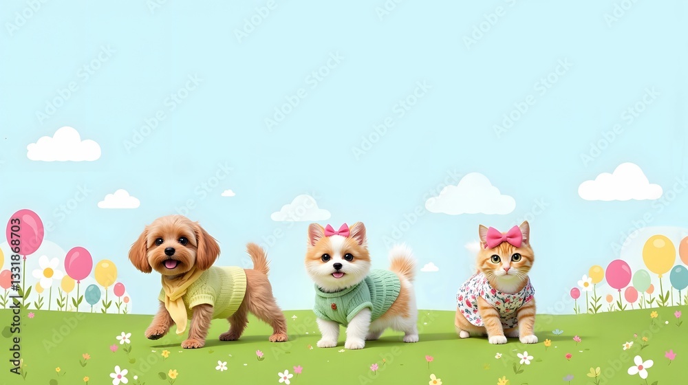AI-generated adorable puppy, kitten, and dog in colorful outfits on a grassy field with balloons AI-generated adorable puppy, kitten, and dog in colorful outfits on a grassy field with balloons