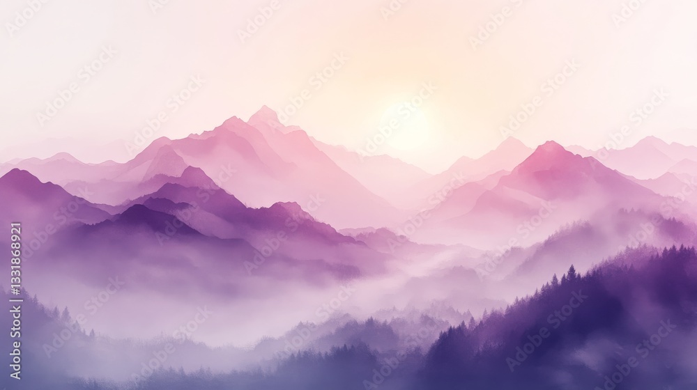 Purple layered mountain ranges with fog under a bright sky Purple layered mountain ranges with fog under a bright sky