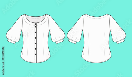 Puff sleeve wide neck button down tops flat sketch outline CAD mockup template.