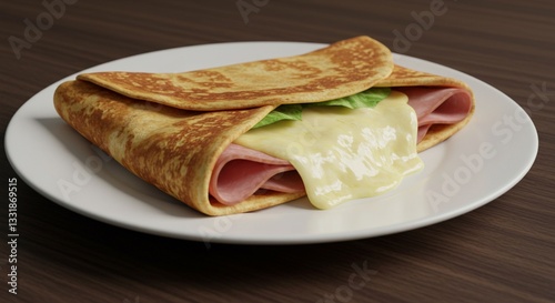 Delicious ham and cheese crepe with melted cheese and lettuce eat egg food cafe menu high meal milk