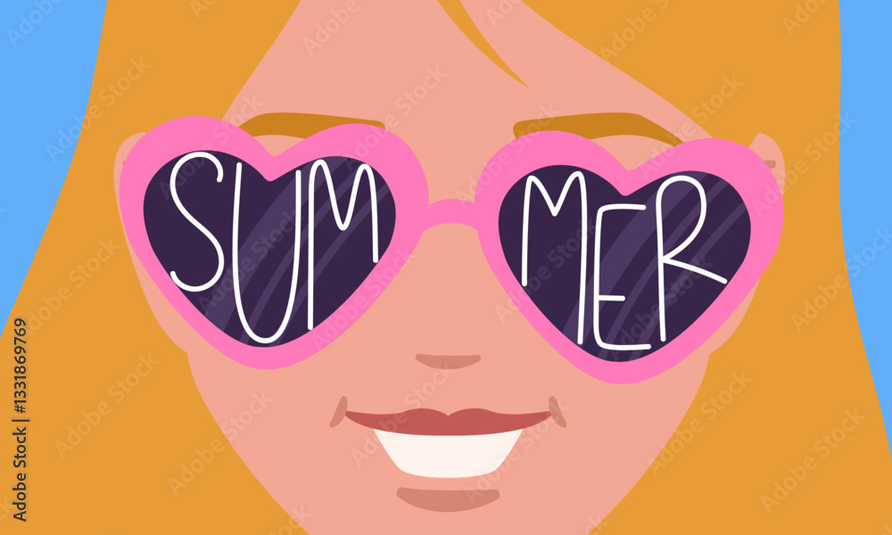 Blonde woman wearing heart-shaped sunglasses with summer lettering smiling and enjoying summer vacation Blonde woman wearing heart-shaped sunglasses with summer lettering smiling and enjoying summer vacation