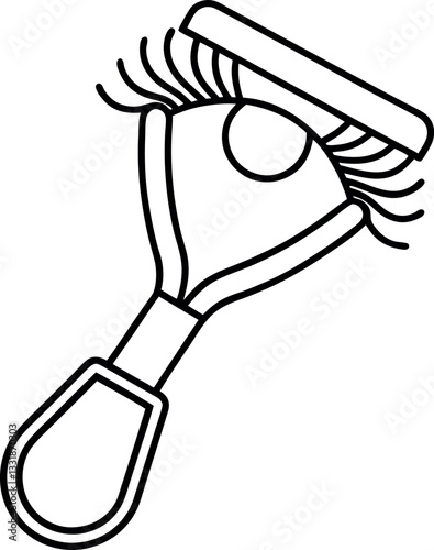 "Minimalist illustration of a classic eyelash curler, designed for beauty and wellness coloring pages, self-care worksheets, and cosmetic learning materials"
