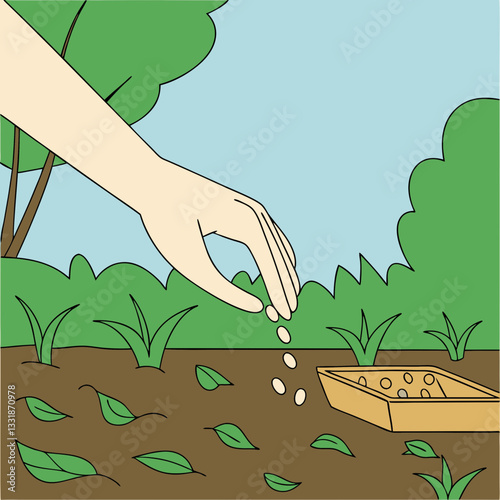 Hand Sowing Seeds – Gardening and Farming Illustration for Organic Growth
