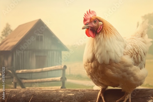 close up of a white chicken sitting on a fence with a barn on a blurred background
