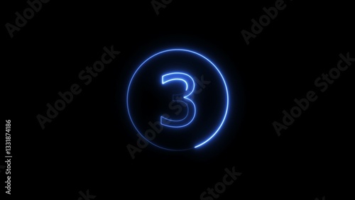 3 seconds countdown neon bright royal blue color 4k illustration on black background. loading royal blue color 4k illustration. 