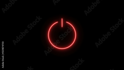 Abstract neon power button icon red color 4k illustration on black background red color circle.