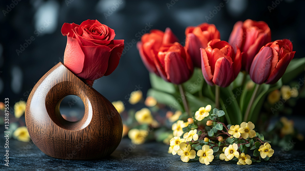 Obraz premium Red roses and tulips in artistic wooden vase