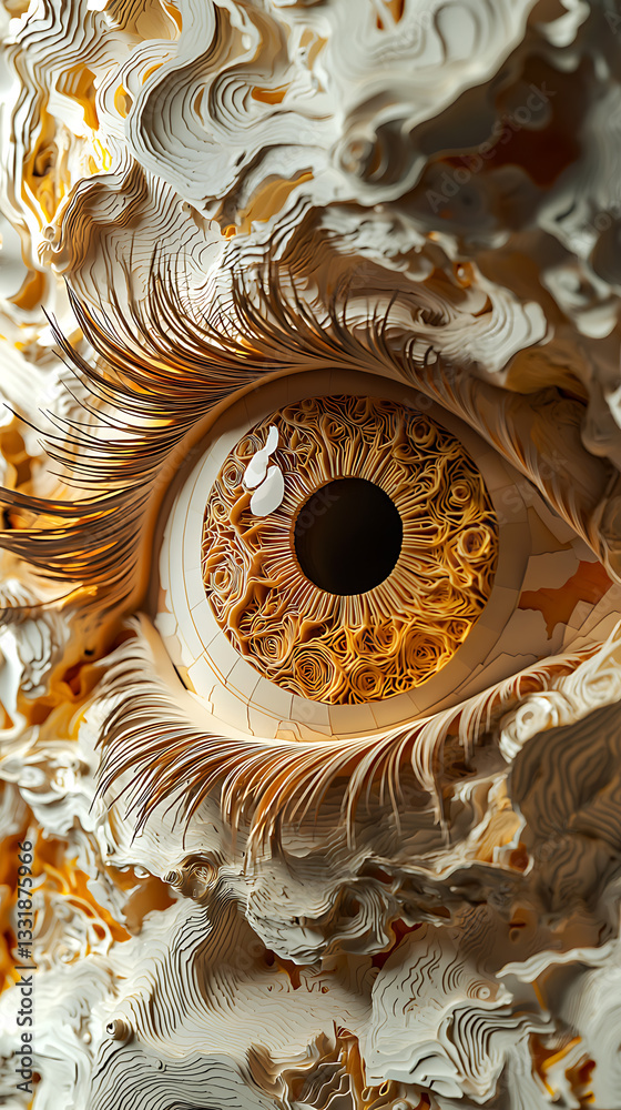 Intricate paper art depicting a large eye surrounded by swirling clouds in vibrant colors and detailed textures