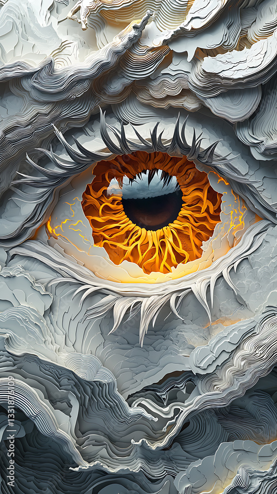 Intricate paper art depicting a large eye surrounded by swirling clouds in vibrant colors and detailed textures
