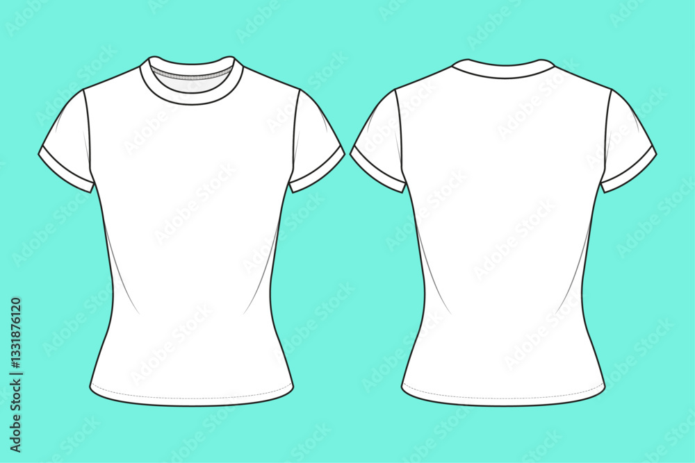 Ladies Short sleeve T-shirt Fashion flat sketch CAD mockup.
