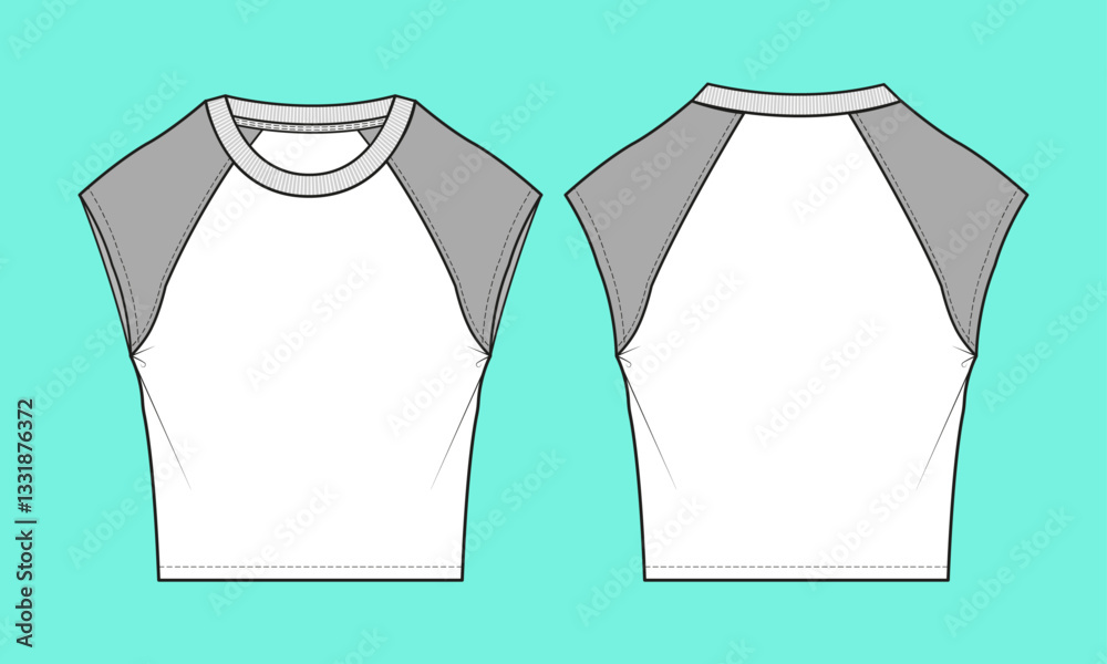 Fototapeta premium Ladies Crew neck raglan crop T-shirt flat sketch CAD mockup.