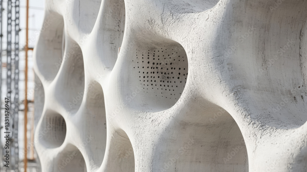 A close-up view of a modern architectural wall featuring unique hollows and textures, demonstrating innovative design and construction techniques
