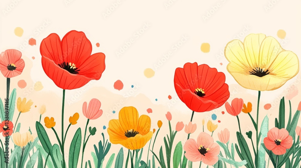 Fototapeta premium Watercolor Wildflowers on Cream Background, Botanical Illustration, Dreamy Floral Design Element