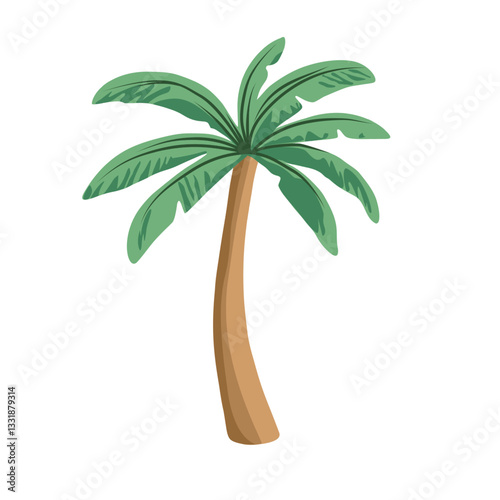 Simplified Vector Illustration of a Curved Palm Tree with Green Leaves and Brown Trunk for Tropical Decor, Nature Art, and Minimalist Landscape Designs, Vector Design