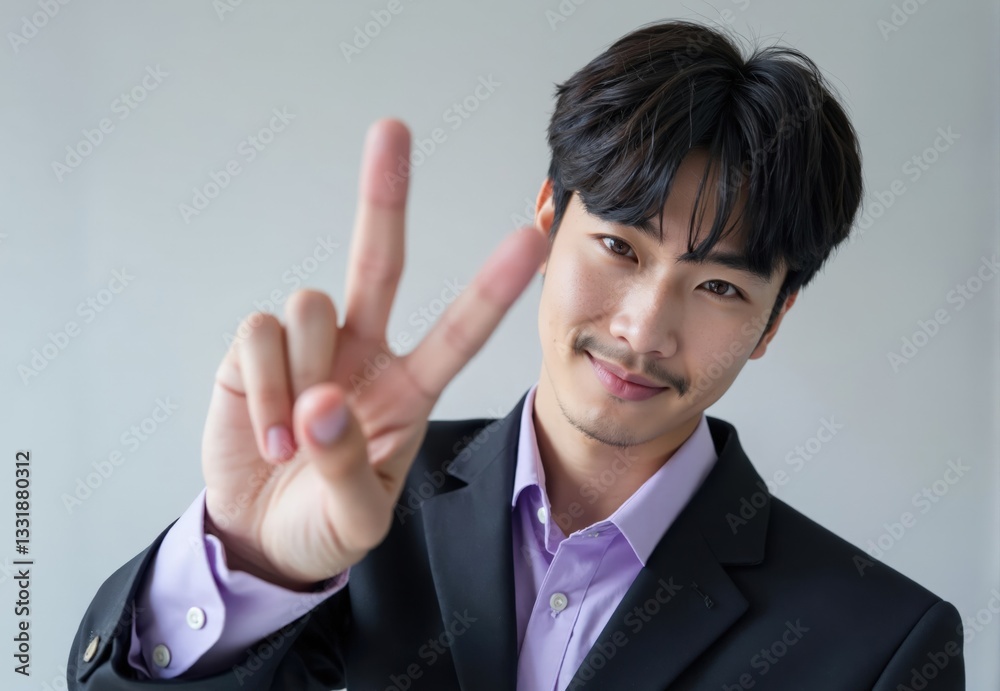 Portrait of Man in Suit Showing Peace Sign Portrait of Man in Suit Showing Peace Sign