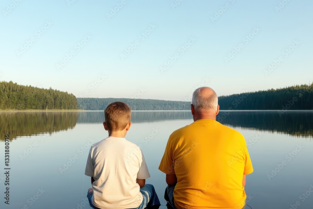 Fototapeta premium Two figures enjoy tranquility by serene lake, reflecting nature'