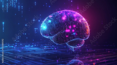 Glowing Digital Brain Abstract Art Pink Blue Data Streams