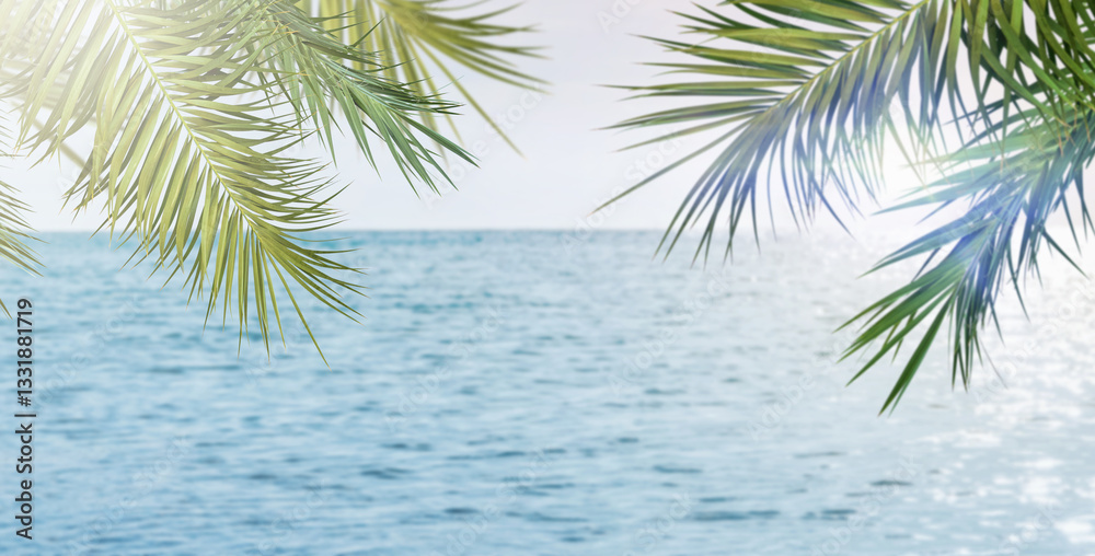 Fototapeta premium Summer sea and seascape with palm branches, sun and clouds in foreground with empty space for text. Defocus background. Blurred travel and vacation backdrop. Abstract summer background design element
