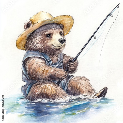 Generic Watercolor Depiction Moment Hat Fishing Bear photo