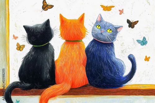 Three cats watching butterflies through a window in a cozy home setting.