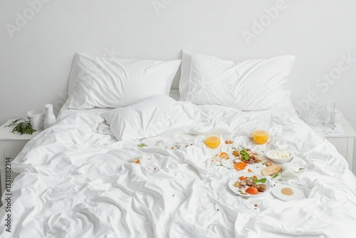 A messy bed with white linens featuring scattered food and drinks, creating a relaxed and casual morning vibe.