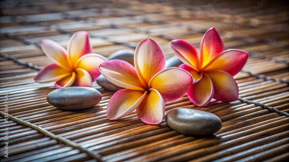 Serene Stones & Frangipani: Long Exposure Bamboo Mat Still Life Serene Stones & Frangipani: Long Exposure Bamboo Mat Still Life