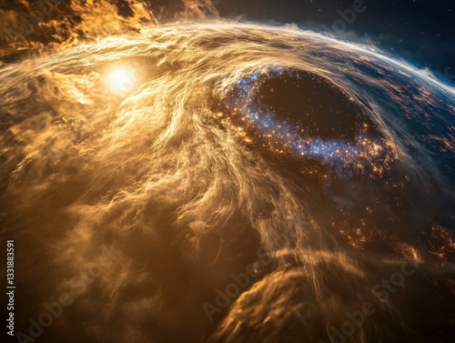 Gigantic event horizon of a black hole, surrounded by fiery cosmic gases and swirling celestial dust in deep space.