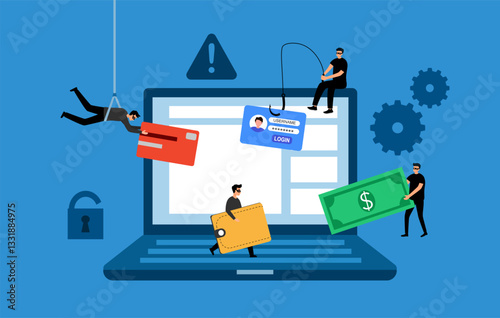 Cyber criminals phishing stealing private personal data, money, password, and credit card. Tiny hackers attacking computer in flat design.