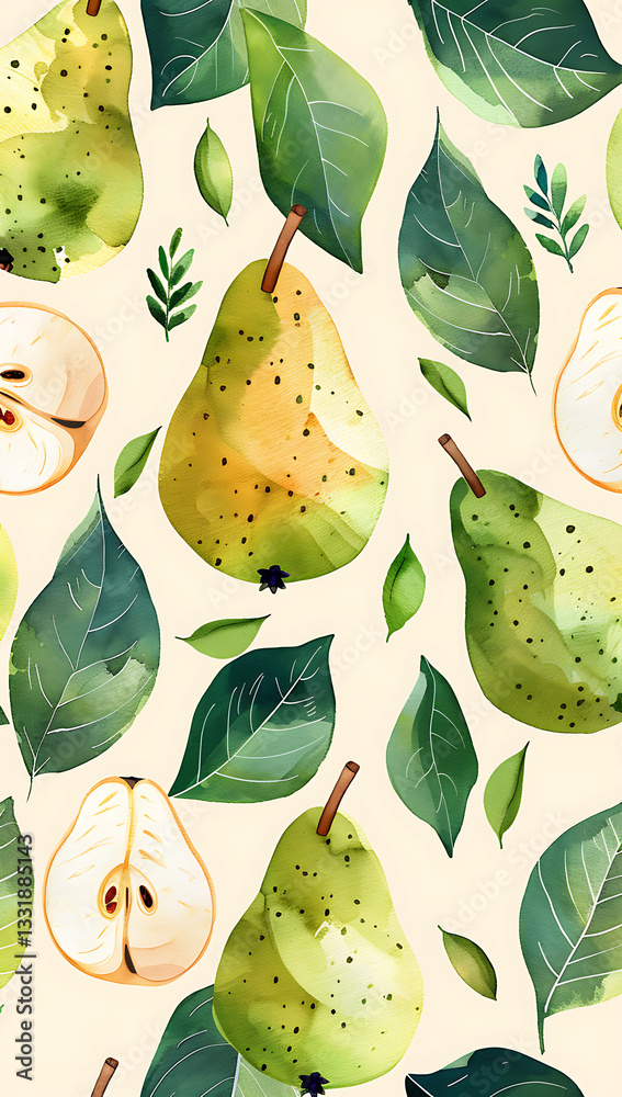Colorful watercolor illustration of pears and leaves creates a fresh and vibrant design for kitchen decor or fabric prints
