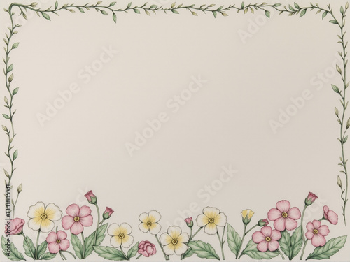 A delicate floral border illustration featuring pink, yellow, and white flowers with intertwining green vines, perfect for invitations or decorative purposes.