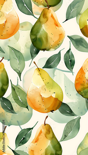 Obraz na płótnie Colorful watercolor illustration of pears and leaves creates a fresh and vibrant design for kitchen decor or fabric prints w salonie