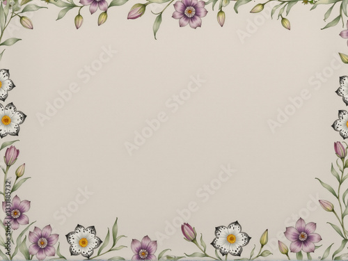 A delicate floral border featuring hand-painted flowers and buds in soft pastel colors, perfect for invitations or greeting cards.