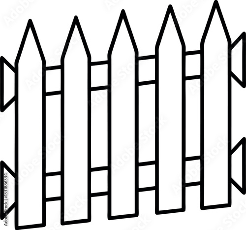 Black-and-white cartoon drawing of a picket fence, ideal for kids’ nature coloring books, rural-themed worksheets, and backyard scenery projects
