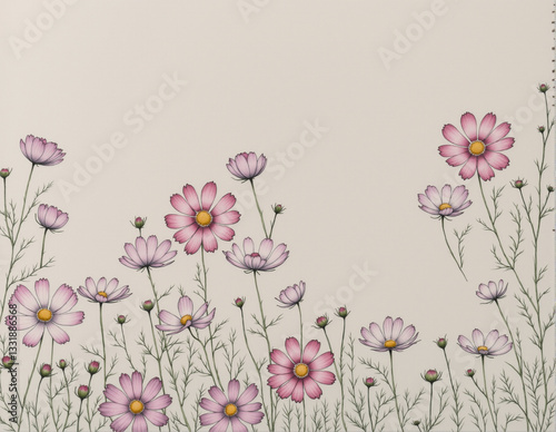 A beautifully illustrated botanical design featuring vibrant pink and lavender flowers amidst delicate green foliage on a clean background.