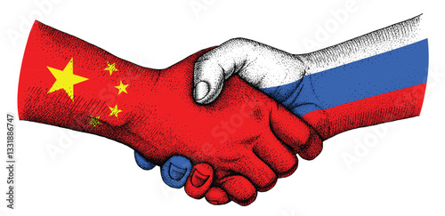 Handshake with flags of Russia and China