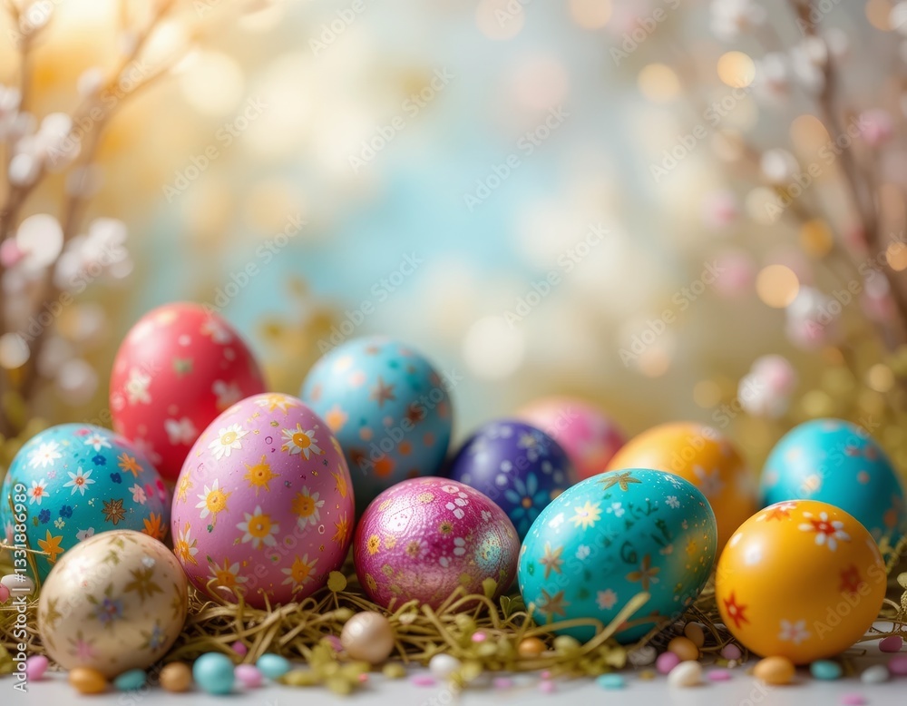 Easter coloured eggs on warm festive background Easter coloured eggs on warm festive background