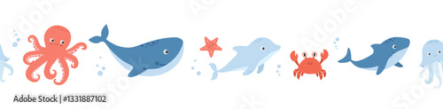 Seamless border with whale and dolphin, sea animals on white background, underwater life, vector illustrations. Nautical repeating design for kids