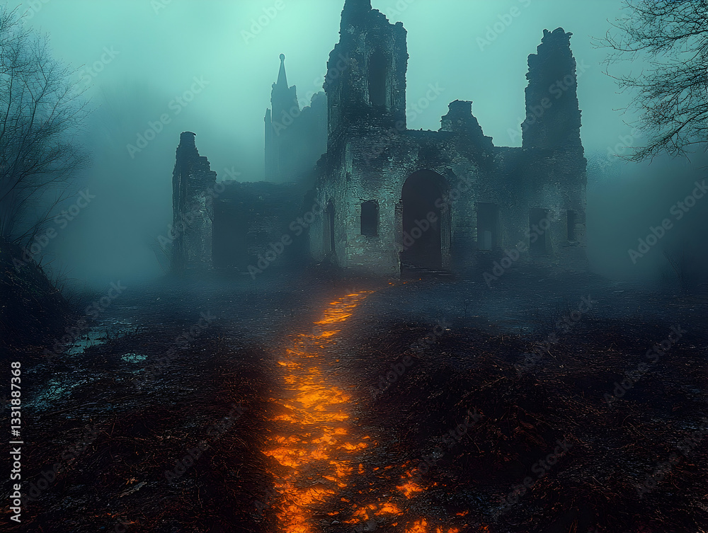 Fototapeta premium Ruined castle path, mist, night