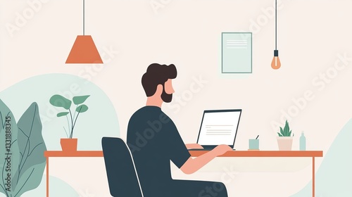 Man Working on Laptop in Minimalist Home Office with Plants