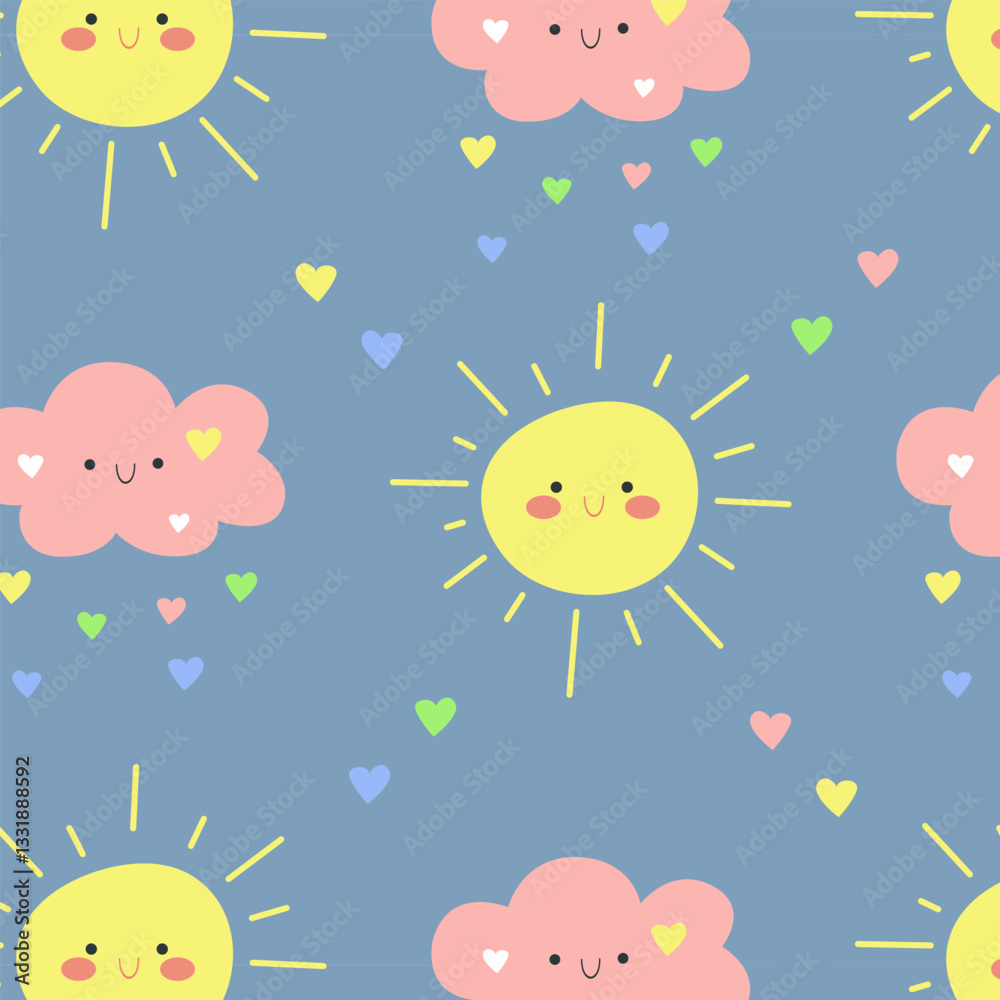 Adorable kawaii cloud with falling hearts, vector illustration for nursery art and wrapping paper Adorable kawaii cloud with falling hearts, vector illustration for nursery art and wrapping paper