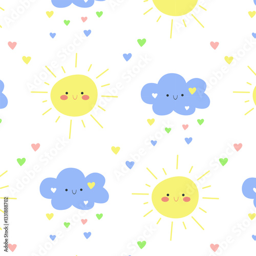 Soft dreamy cloud vector illustration, seamless pattern with pastel hearts for children's room decor, fabric prints, and scrapbook projects