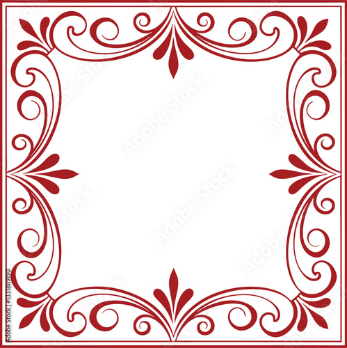 A sophisticated, elegant decorative border frame with intricate, swirling floral and leaf patterns in a deep red hue against a plain white background.