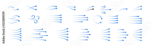 vector set of air and wind flow icons, featuring cool breezes, directional arrows, and filtration waves. Perfect for air conditioning, ventilation, water streams, and fresh airflow designs.