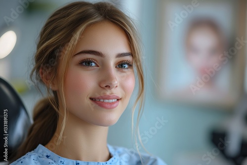 Free Download a beautiful woman smiling brightly at the camera in a dental clinic. - GFXLoad