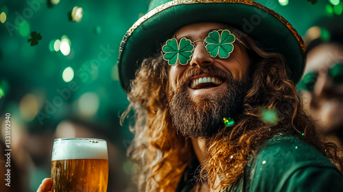 Happy Person Celebrates with Beverage and Confetti. Title describing the image's content